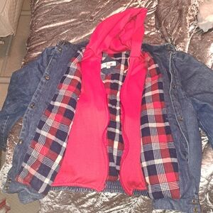 Vintage Dawn Red Hoodie & Flannel Lined Denim Jacket